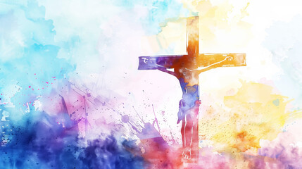 Wall Mural - Easter crucifixion scene with silhouettes of the cross of Jesus Christ. Watercolor. Light colours. Generative AI