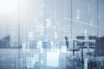 Poster - Multi exposure of abstract statistics data hologram interface on a modern furnished office interior background, computing and analytics concept