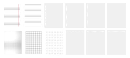 Aufkleber - Diary or notebook blank pages with lines, grid and dots. Vector isolated sheets with binder holes on side or top. Notepad or memo organizer, mockup with copy space. Office and school supplies