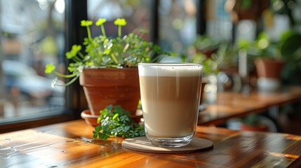 Wall Mural - close up photo of a cafe latte on a modern coffee table looking out a large window, green clover flowers in a potted plant on the table 