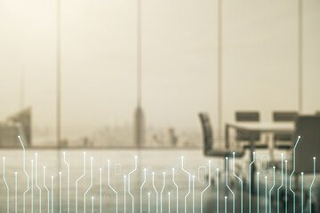 Aufkleber - Abstract virtual micro circuit sketch on a modern boardroom background, future technology and AI concept. Double exposure