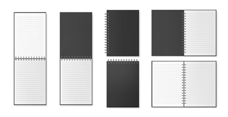 Poster - Diary or notebooks with open pages and covers. Vector isolated realistic sketchbooks or pocketbooks, memo sheet with lines for writing or taking notes. Organizer, school or office supplies mockup