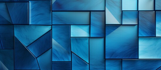 Wall Mural - A close up of an azure stained glass window with electric blue hues, creating symmetrical patterns within rectangular shapes. The glass reflects the aqua flooring below