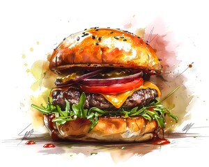 Wall Mural - Gourmet Burger Masterpiece A Reimagined Classic Dish with Vibrant Flair