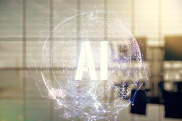 Poster - Creative artificial Intelligence symbol hologram on a modern coworking room background. Double exposure
