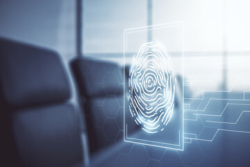 Aufkleber - Double exposure of virtual creative fingerprint hologram on a modern meeting room background, research and development concept
