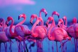 A cluster of neonpink flamingos against a deep, azure blue sky at dusk, the striking contrast between the flamingos warm hues and the cool, 