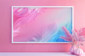 Canvas Print - Empty white mockup in a frame, in the style of a colorful photorealistic composition, creating abstractions, detailed drawing of feathers