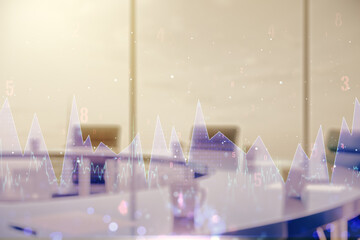 Poster - Multi exposure of creative statistics data hologram on a modern meeting room background, stats and analytics concept