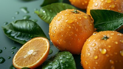 Sticker - Fresh oranges with vibrant green leaves and waterdrops 