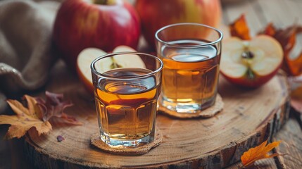 Wall Mural - healthy Apple cider vinegar on a wooden table, with apples in the background, beverage photography, concept: lose weight, healthy, fat melting, secret tip, copy and text space, 16:9