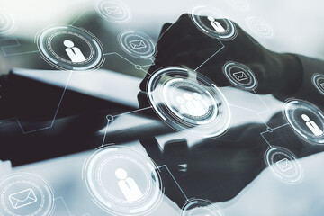 Poster - Social network media concept with finger presses on a digital tablet on background. Double exposure