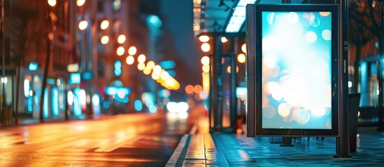 Sticker - A digital display screen on a bus shelter in a city at night