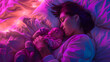 Cinematic photograph of a mother holding baby sleeping in bed . Mother's Day. Pink and purple color palette.
