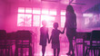 Cinematic photograph of a mother holding hand of two children  in a school classroom . Mother's Day. Pink and purple color palette.