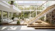 Bright and airy modern conservatory with glass walls floating wood stairs and integrated indoor garden.