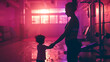 Cinematic photograph of a mother holding child hand  at the gym . Mother's Day. Pink and purple color palette.