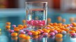   A glass of water containing multicolored pills alongside an assortment of orange and pink pills