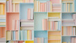 Mock-up of bookshelf with a lot of colorful pastel book spine stacking in the random shape shelves with plain cover on a bright background. New modern minimal style.