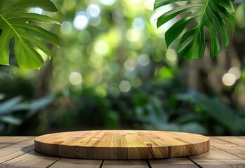 Poster - Wood podium outdoors with blur green monstera tropical forest plant, nature background