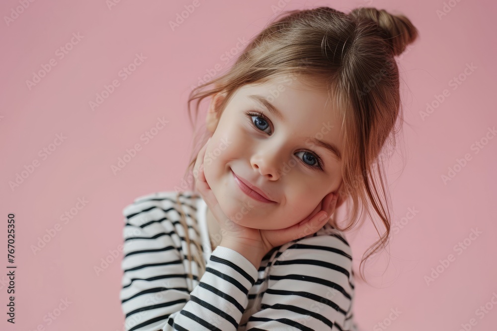 Portrait of beautiful little girl with blue eyes on a pink background ...