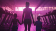 Cinematic photograph of a mother holding hand of two children  at the gym . Mother's Day. Pink and purple color palette.