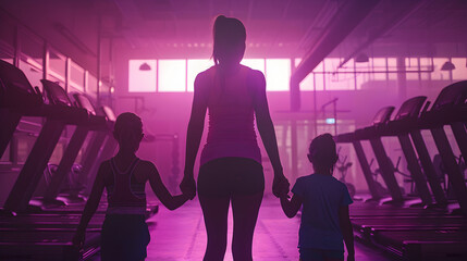 Wall Mural - Cinematic photograph of a mother holding hand of two children  at the gym . Mother's Day. Pink and purple color palette.