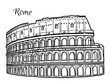 Line art drawing of Colosseum in Rome, Italy, architecture tourism landmark, travel destination illustration