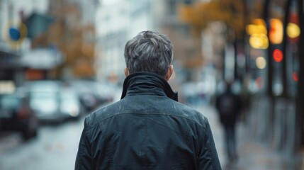 Wall Mural - Portrait photo of a man in her 50s, medium shot, walking down the street, photo from behind