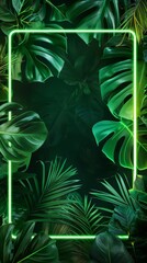 Canvas Print - monstera plants frame and green neon light 