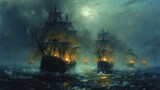 Fototapeta  - naval battle oil painting on the open seas dramatic weather