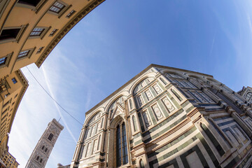 Wall Mural - fisheye unusual view Cathedral Santa Maria dei Fiori, Brunelleschi Dome and Giotto Tower in Florence Italy