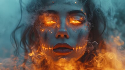   A woman's face is engulfed in flames, with her hair whipping wildly in the wind and glowing orange eyes