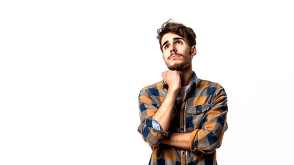 Wall Mural - Young man in casual clothes poses in contemplation isolated on white background