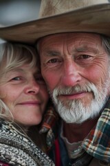 Poster - portrait photograph of a couple, both have brown eyes, only the man is wearing a cowboy hat, the woman has blonde hair