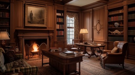 Classic Georgian-style wood paneled study with coffered ceilings crown moldings built-in bookshelves and carved fireplace mantel.