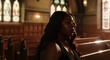 a sexy south african black actress, curvy hips, long hair, lots of makeup, sitting in a church