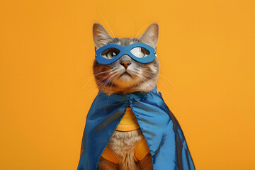 Wall Mural - Adorable cat in blue superhero cape and mask on yellow background