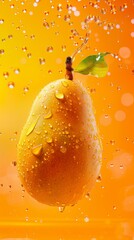 Wall Mural - Ripe pear , mango with water drops on orange background, close-up