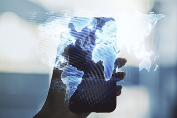 Poster - Multi exposure of abstract creative digital world map and hand with cell phone on background, research and analytics concept
