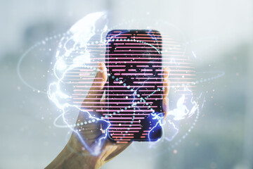 Poster - Double exposure of abstract digital world map with connections and hand with cellphone on background, big data and blockchain concept