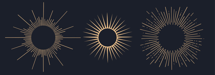 Sunburst, sun light ray. Vintage graphic set of light rays, sunburst and rays of sun. Hand drawn black design elements, linear drawing, vintage retro style on background. Vector Illustration