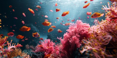 Wall Mural - under the ocean life, 3d render,  background , just fish and pink coral 
