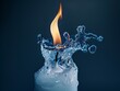 Water candle flame, water explosion on top of a lit white wax candle, macro photography, blue background
