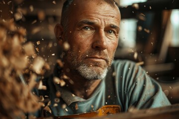 Wall Mural - Skilled carpenter at work amidst flying wood shavings in workshop