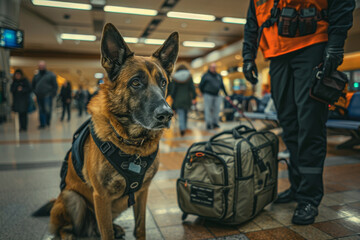 Canvas Print - German shepherd dog at the airport waiting for the flight. Selective focus.