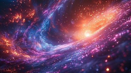 Wall Mural - A creative cosmic background portrays a hyper jump into another galaxy, with neon glowing rays, fireworks, and falling stars in motion.
