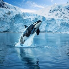 Wall Mural - World Oceans Day: concept of environmental conservation, killer whales jumping from the surface of the sea, global warming and the preservation of life on earth, melting glaciers and threat to wildlif