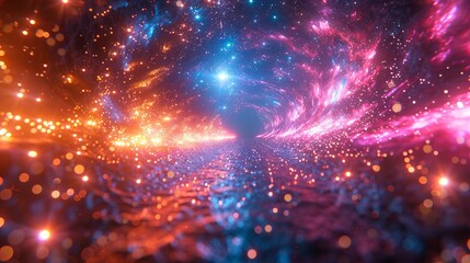 Wall Mural - A creative cosmic background portrays a hyper jump into another galaxy, with neon glowing rays, fireworks, and falling stars in motion.