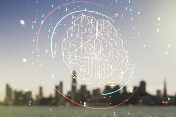 Poster - double exposure of creative human brain microcircuit hologram on blurry office buildings background.